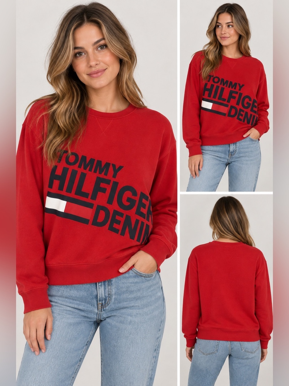 Tommy Hilfiger Denim Red Oversized Logo Crewneck Sweatshirt Size M